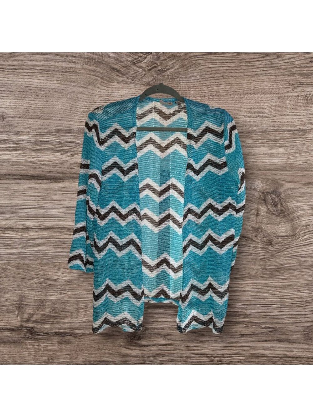 Easywear by Chico's Women Open Front Cardigan Green Brown Chevron Size 2 (L)